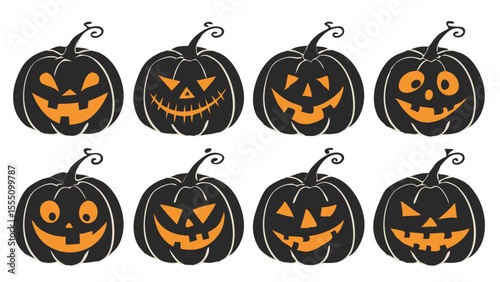 Scary carved Halloween pumpkins in vibrant orange for a spooky autumn celebration with jack-o'-lantern smiles, perfect vector illustration for your holiday designs