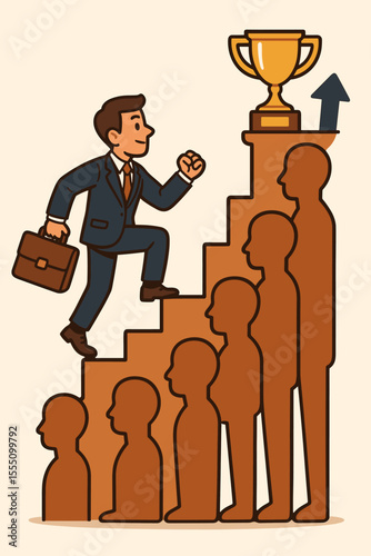 Ambitious Businessman Climbing Corporate Ladder, Ascending Human-Shaped Steps Toward Trophy, Career Success, Leadership, Achievement, Professional Growth, Motivation, Vector Illustration