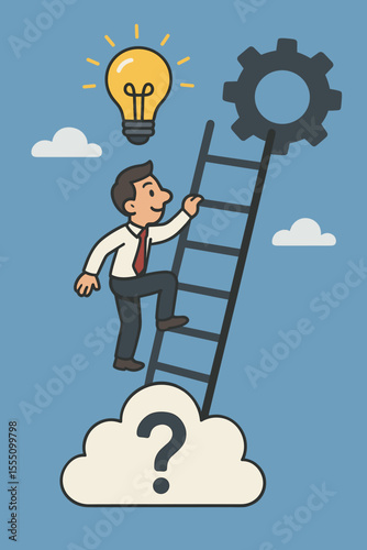 Businessman climbing ladder from question mark cloud to lightbulb and gear, symbolizing creative problem solving, innovation process, idea generation, solution, success, vector cartoon illustration