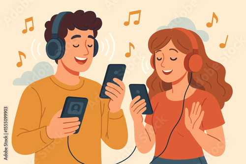 Young Couple Enjoying Podcasts and Online Radio Shows on Mobile Phones with Headphones, Listening to Audio Content, Streaming Music, Digital Entertainment Vector Illustration