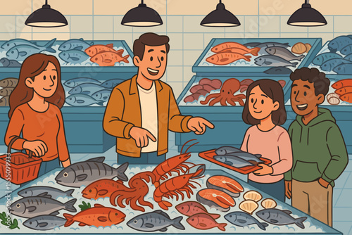 People shopping for fresh seafood at fish market counter. Family choosing fish, lobster, shellfish, octopus, salmon, seafood variety. Grocery store seafood section. Vector cartoon illustration.