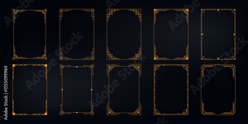 Art deco golden frames. Thin luxury gold borders for wedding invitation card, simple modern geometric antique vintage frame elements. Vector elegant set