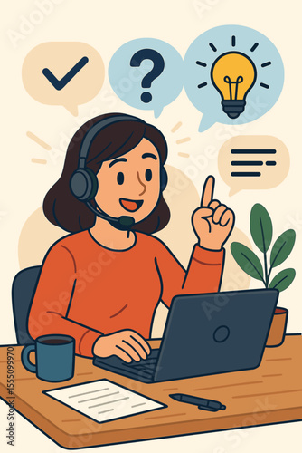 Friendly Customer Support Representative with Headset Solving Problems Online, Providing Help Desk Assistance, Answering Questions, Communication, Service Concept, Office Desk, Vector Illustration