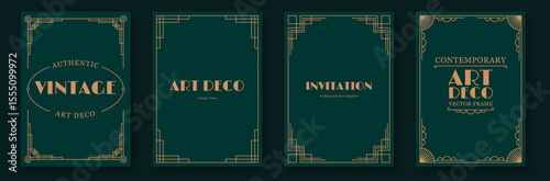 Gold art deco invitation cards. Elegant vintage wedding invitation posters with luxury geometric frames, creative gala party flyer design with decorative thin line border. Vector frame set