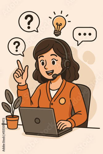 Customer Support Representative Solving Problems Online. Help Desk Agent with Headset Answering Questions. Technical Assistance, Communication, Consulting Service. Vector Cartoon Illustration