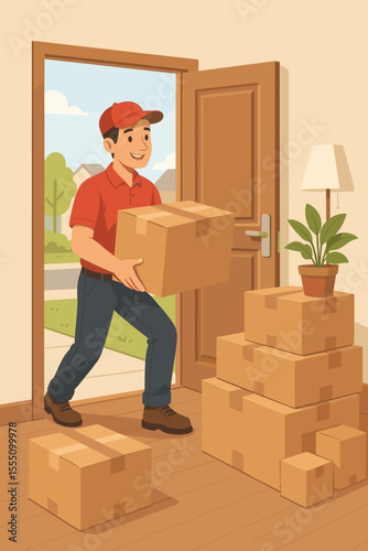 Delivery worker carrying moving boxes into new home. Relocation service, courier, shipping, moving day concept. Stack of cardboard boxes, open door, residential interior vector illustration.