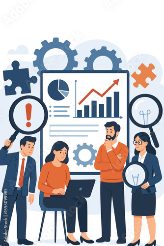 Business Analysis Teamwork Concept. Data Analytics, Problem Solving, Strategy Development. Market Research, Growth Chart, Magnifying Glass, Puzzle, Gears. Corporate Planning Vector Illustration