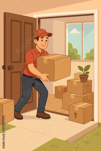 Moving day concept. Delivery worker carrying cardboard boxes into new home. Relocation service, house moving, courier, shipping, logistics. Cartoon vector illustration of residential delivery scene