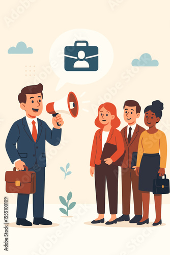 Business recruitment announcement, employer with megaphone hiring new employees, job vacancy communication, diverse office team, HR management, career opportunity vector illustration