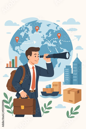 Businessman Exploring Global Markets for International Trade Expansion, Overseas Opportunities, Export Import Logistics, Worldwide Shipping, Market Research, Vector Illustration