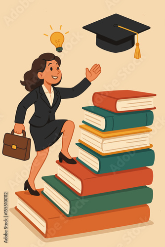 Ambitious businesswoman climbing stack of books toward graduation cap, symbolizing educational achievement, career growth, knowledge, leadership, success, innovation, empowerment, vector illustration