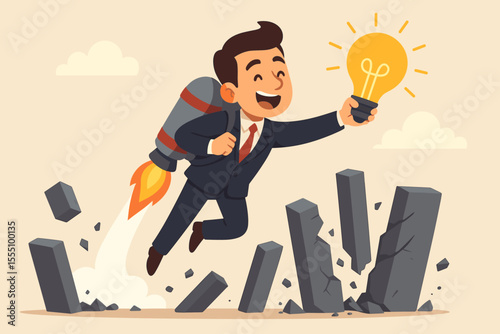 Businessman breaking barriers with rocket jetpack, holding glowing lightbulb, flying over obstacles, innovation, success, creative idea, leadership, achievement, cartoon vector illustration
