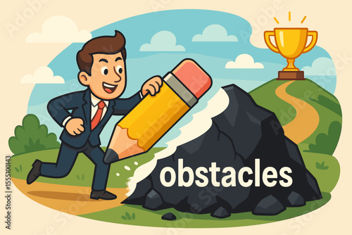 Businessman Overcoming Obstacles with Giant Pencil, Erasing Challenges to Achieve Success, Motivation and Goal Achievement, Pathway to Victory, Cartoon Vector Concept Illustration