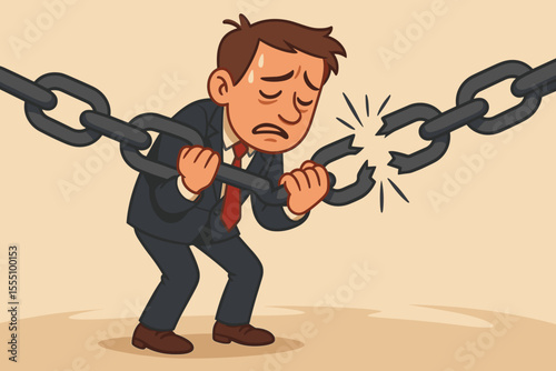 Stressed businessman in suit struggling to hold together broken chain links, symbolizing business failure, crisis, workplace conflict, pressure, burnout, risk, challenge, and leadership problems