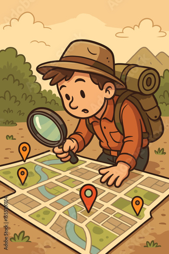 Cartoon explorer boy searching city map with magnifying glass, adventure travel concept, backpack, location markers, navigation, outdoor journey, exploration, hiking, discovery, vector illustration