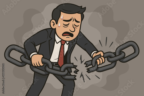 Stressed businessman in suit struggling to hold broken chain, symbolizing business failure, workplace conflict, crisis management, pressure, leadership challenge, vector cartoon illustration