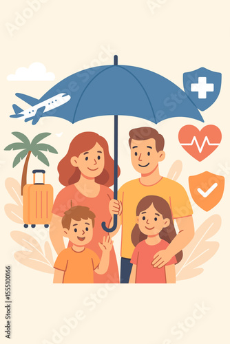 Family under umbrella symbolizing life insurance, health protection, travel safety, vacation healthcare, medical coverage, secure holiday, insurance services, cartoon vector illustration