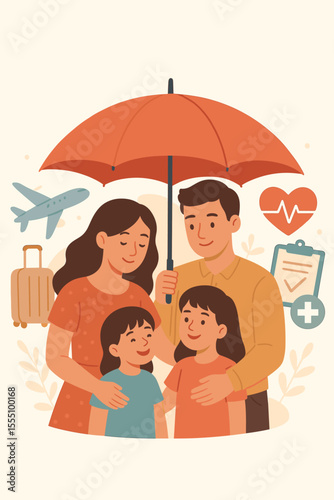 Family under umbrella symbolizing life insurance, health protection, travel safety, vacation security, healthcare services, medical coverage, travel insurance, family care, vector illustration