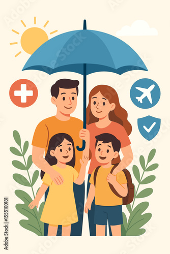 Family under umbrella illustration symbolizing life insurance, health protection, safety, travel insurance, vacation security, healthcare services, medical coverage, risk prevention, cartoon vector