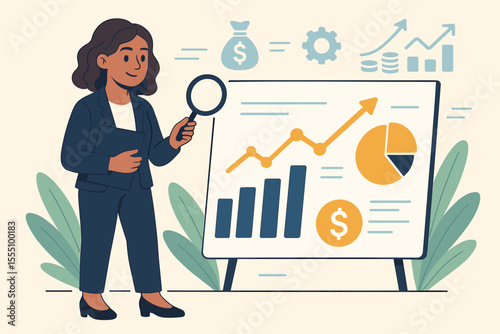 Businesswoman Analyzing Financial Data, Marketing Strategy, Investment Growth, Finance Analytics, Bar Graph, Pie Chart, Money Bag, Coins, Revenue Increase, Vector Cartoon Illustration