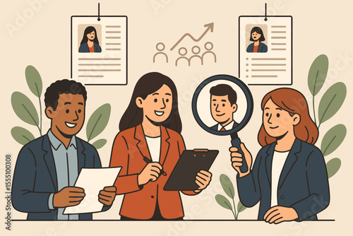 Human resources team recruiting professional staff, candidate selection process, HR management, job interview, employee search, teamwork, hiring, recruitment strategy, vector illustration