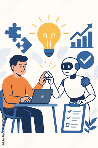 Human and Robot Collaboration Vector Illustration for Innovation, Problem Solving, Artificial Intelligence Partnership, Teamwork, Decision Making, Technology, Productivity, Business Growth Concept