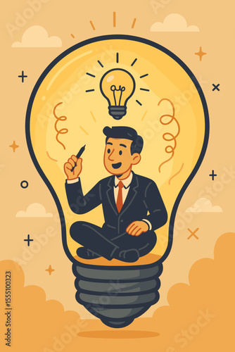 Creative businessman brainstorming innovative solutions, sitting cross-legged inside glowing lightbulb, concept of idea generation, problem solving, inspiration, creativity, vector illustration