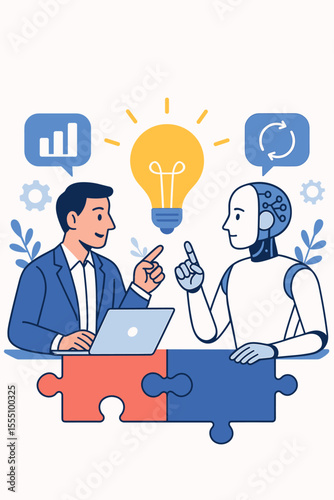 Human and AI Collaboration for Innovative Problem Solving, Business Decision Making, Artificial Intelligence Partnership, Technology Brainstorming, Digital Transformation Vector Illustration