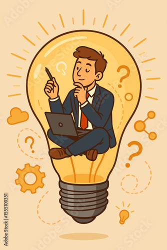 Creative businessman brainstorming ideas problem solving. Business innovation concept. Man in suit with laptop sitting inside glowing lightbulb. Question marks. Vector illustration metaphor