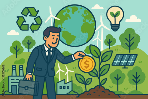 Sustainable investment for green future. Businessman supports eco-friendly growth, renewable energy, recycling, clean technology, environmental responsibility, solar, wind, earth, innovation