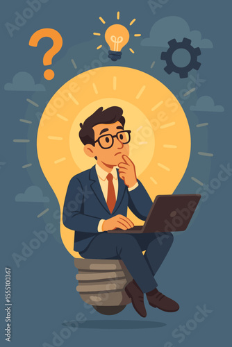 Businessman Brainstorming Creative Solutions, Sitting with Laptop Inside Glowing Lightbulb, Innovation Concept, Problem Solving, Idea Generation, Modern Office Vector Illustration