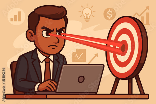 Businessman Laser Focused on Achieving Goals, Targeting Success, Productivity, and Growth. Vector Illustration of Entrepreneur with Vision, Precision, and Determination at Work Desk with Laptop