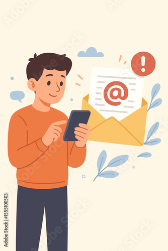 Young man using smartphone receiving new email notification. Digital communication, online messaging, electronic mail, internet connection, cartoon vector illustration, envelope icon concept