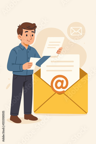 Businessman reading digital correspondence, large yellow envelope with email symbol, receiving electronic message, office communication, internet mail, modern workplace vector illustration