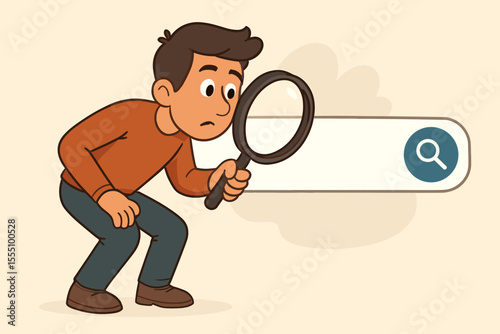 Curious man searching for information with magnifying glass in search bar. Cartoon vector illustration of internet research, online query, web browsing, data discovery, exploration, finding answers