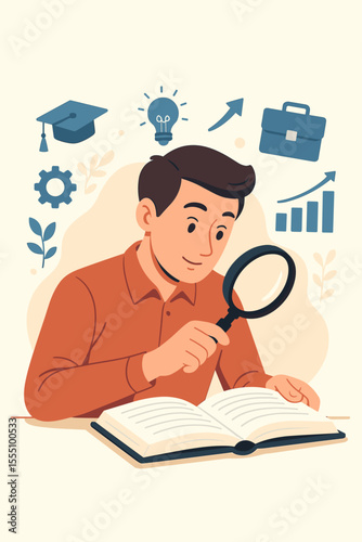 Man Studying Open Book with Magnifying Glass, Education Research and Career Growth Concept, Knowledge Analysis, Learning, Academic Success, Business Development, Vector Illustration