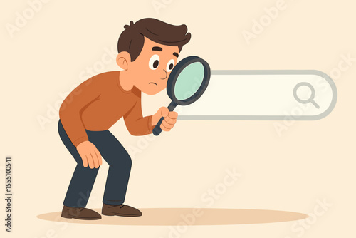 Curious man searching for information with magnifying glass in search bar. Cartoon vector illustration. Internet research, online query, web browsing, data analysis, digital exploration concept