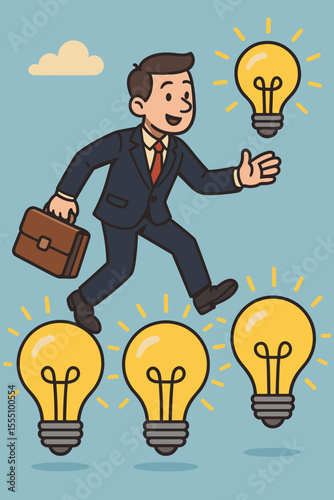 Businessman walking on glowing light bulbs vector. Concept of creative thinking, innovation, idea generation, leadership, entrepreneurship, problem solving, opportunity, success, business strategy