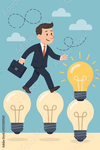 Businessman walking on light bulbs concept, searching for creative ideas, innovation, success, leadership, problem solving, career growth, opportunity, business strategy, vector illustration