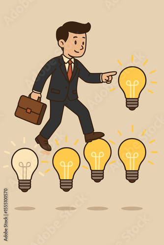 Businessman stepping on light bulbs concept. Creative idea search, innovation journey, problem solving, leadership, business growth, success path. Cartoon vector illustration, creativity metaphor.
