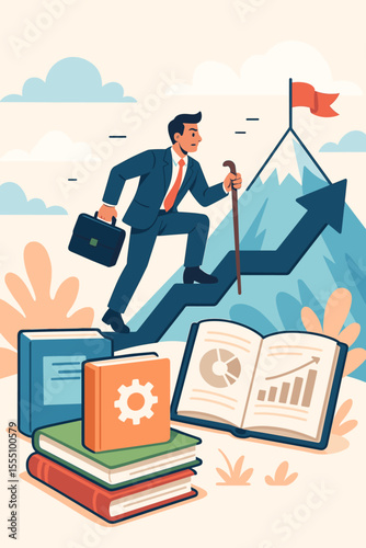 Business Success Journey Concept. Businessman Climbing Arrow to Mountain Peak with Briefcase and Cane. Stack of Books, Guidebooks, Manuals, Charts, Analytics. Career Growth, Achievement, Learning