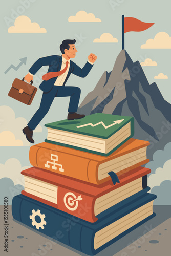 Business Success Journey Concept. Ambitious Businessman Climbing Books Toward Mountain Peak. Career Growth, Achievement, Leadership, Knowledge, Motivation, Strategy, Goal Setting, Vector Illustration