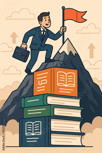Business Success Achievement Concept. Cartoon Businessman Climbing Mountain of Books with Flag. Knowledge, Education, Career Growth, Leadership, Motivation, Personal Development, Vector Illustration