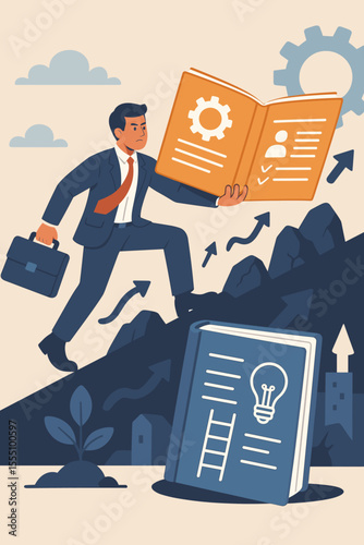 Businessman Climbing Success Path with Guidebooks. Career Growth, Professional Development, Leadership Skills, Overcoming Challenges, Learning, Motivation, Achievement, Vector Illustration