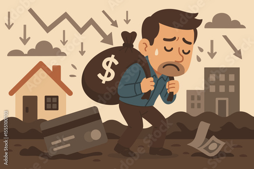 Financial Crisis Concept Man Carrying Debt Burden Bag, Mortgage Loan Stress, Credit Card Overdue, Economic Downturn, Recession Impact on Home and Business, Cartoon Vector Illustration