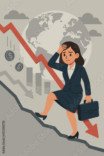Businesswoman Climbing Downward Graph Facing Global Economic Crisis, Financial Recession, Stock Market Crash, Money Loss, Stress, Corporate Struggle, Worldwide Economy Decline Vector Illustration