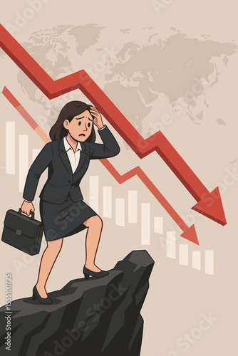 Businesswoman Facing Economic Crisis, Financial Recession, Stock Market Crash, Downward Arrow, Global Economy, Stress, Risk Management, Vector Illustration, Corporate Challenge, Leadership