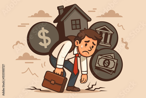 Overwhelmed Businessman Carrying Heavy Financial Burden, Mortgage Debt, Loans, Economic Hardship, Money Stress, Bank Crisis, Home Loan Pressure, Vector Cartoon Illustration