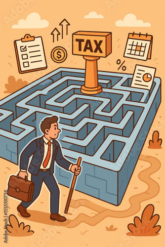 Businessman Navigating Tax Maze Concept. Financial Compliance Challenge. Taxation Labyrinth, Small Business Owner, Finance Documents, Deadlines, Percentage, Planning, Vector Illustration
