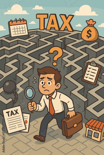 Businessman Navigating Tax Maze Concept, Small Business Tax Compliance Challenge, Financial Planning, Deadline, Audit Risk, Cartoon Vector Illustration, Entrepreneurship Problem Solving